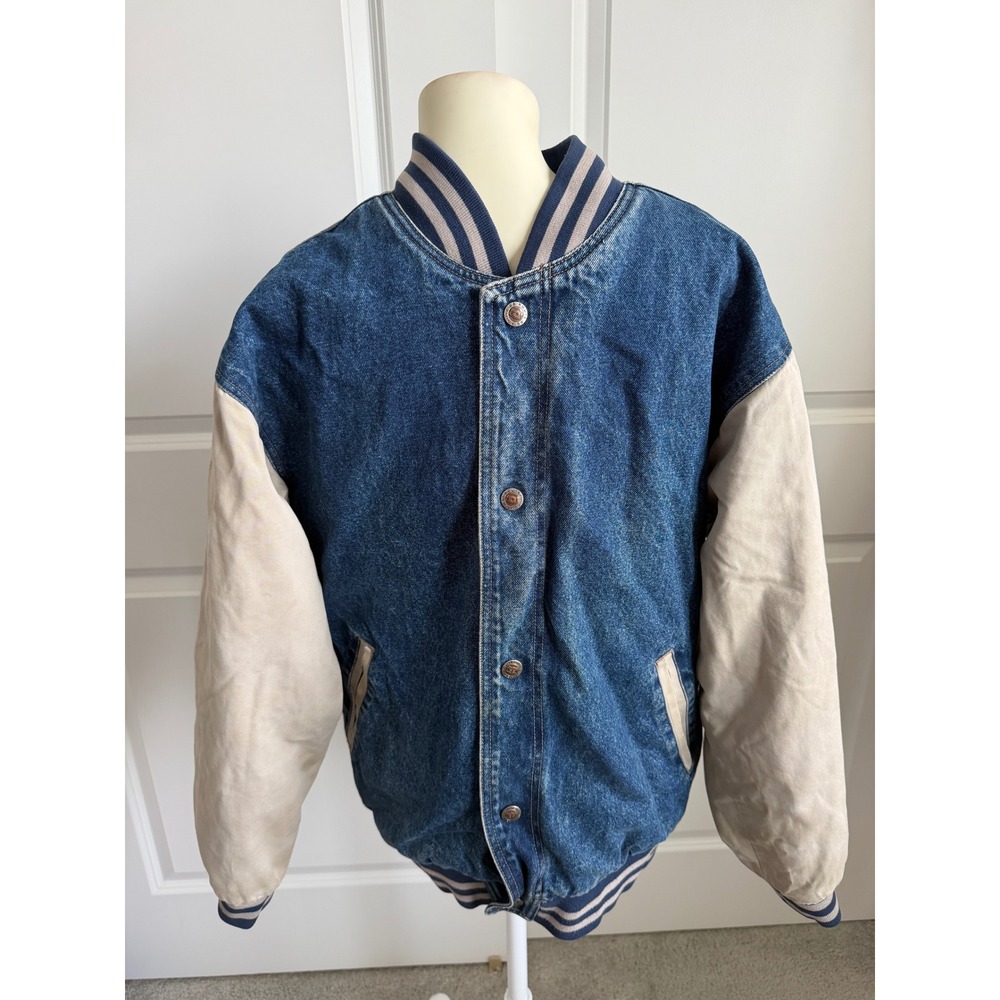 Route 66 Vintage Denim Varsity Jacket Mens Small Blue Tan Quilted Bomber S